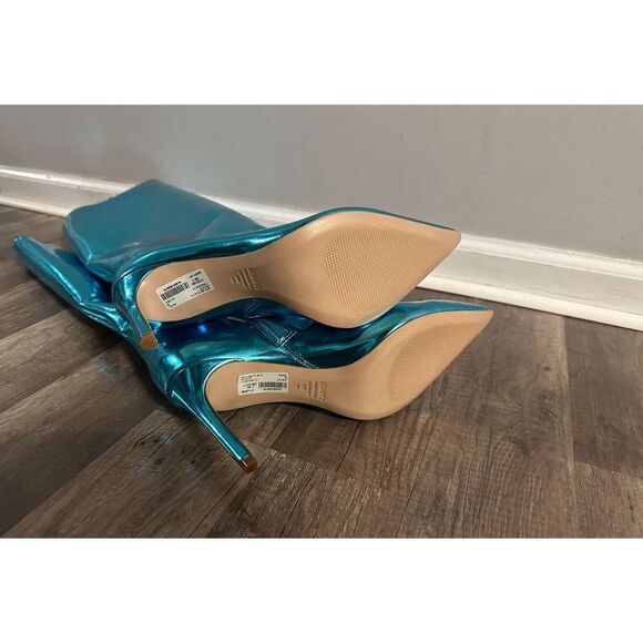 Schutz Mary Mary Up Turquoise Metallic Leather Pointed-Toe Knee-High Boots - Picture 12 of 12